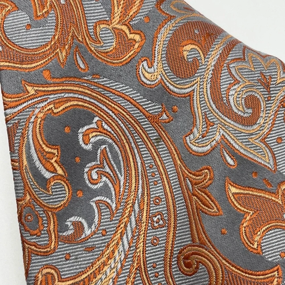 Vintage Geoffrey‎ Beene 100% Necktie Tie Grey Orange Paisley Jacquard Retro Mod